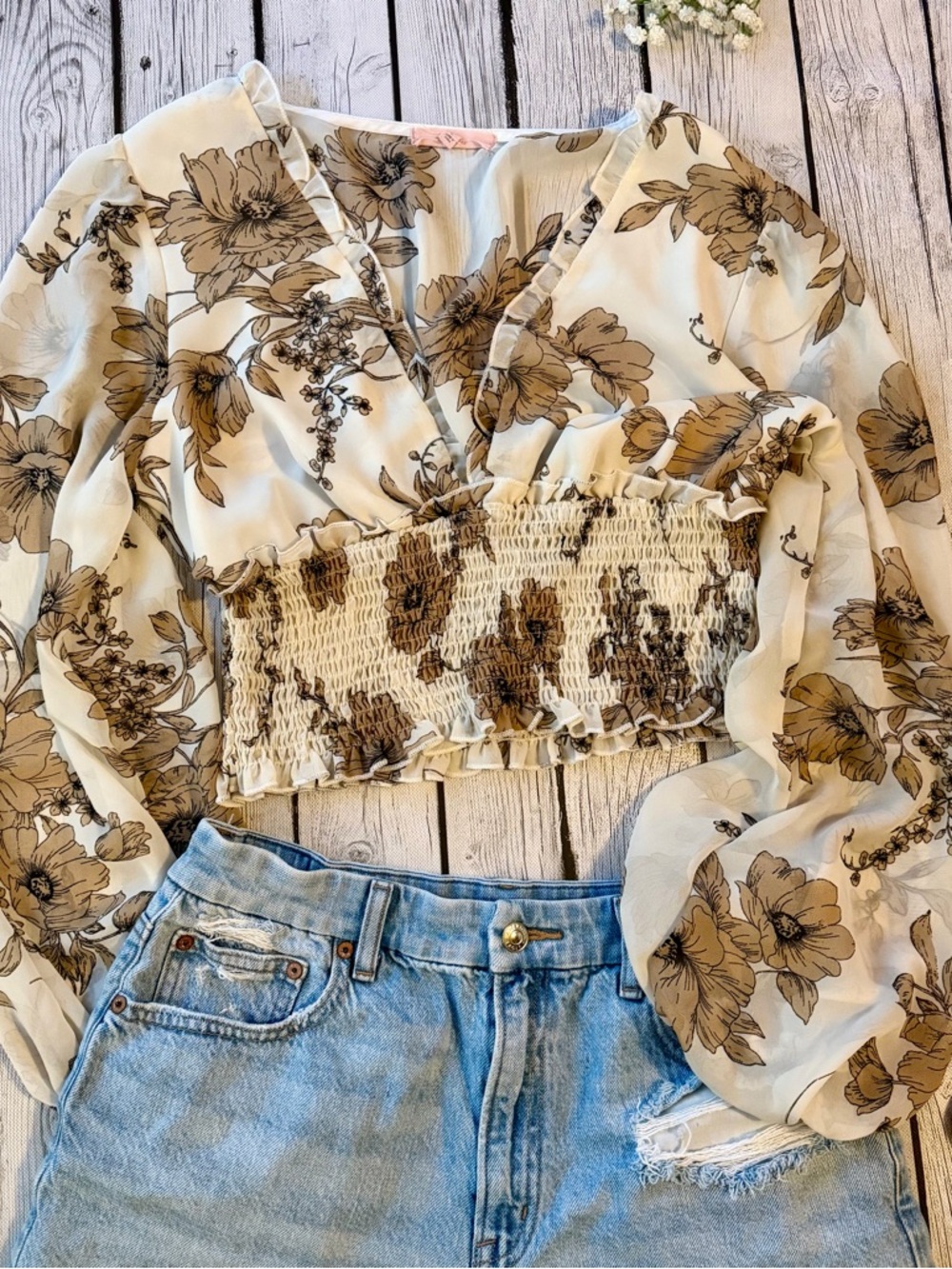 Floral Smocked Crop Top in Cream and Brown